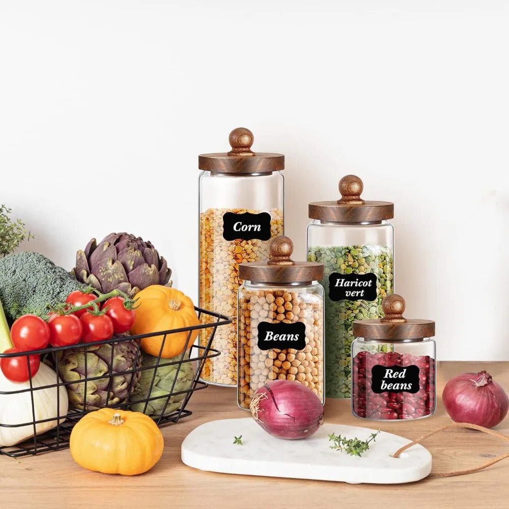 Glass Storage Jars Set of 4, Clear Food Storage Containers with Wooden Lids Airtight Kitchen Canisters with Sticker and Chalk f - Blu Lotus Boutique