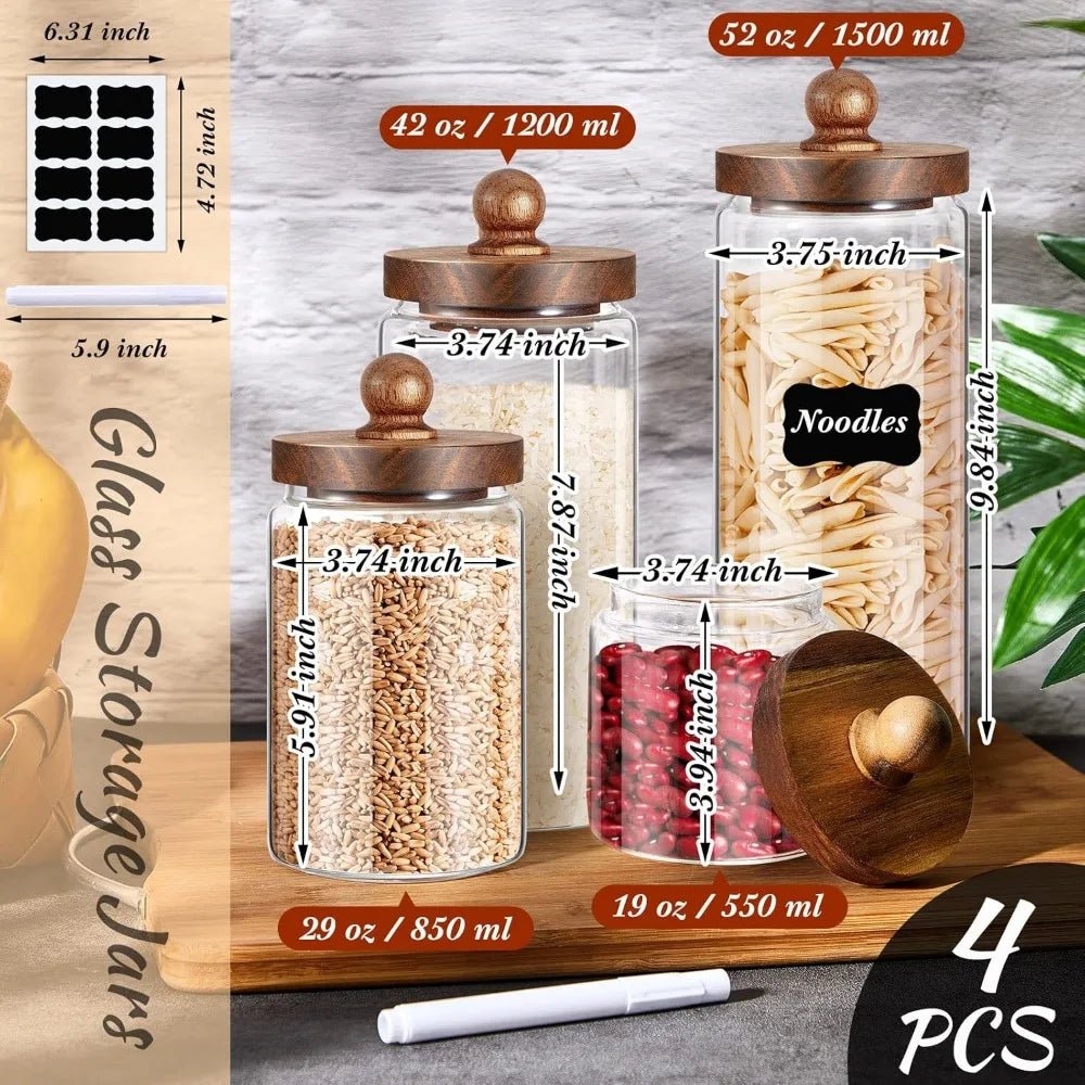 Glass Storage Jars Set of 4, Clear Food Storage Containers with Wooden Lids Airtight Kitchen Canisters with Sticker and Chalk f - Blu Lotus Boutique