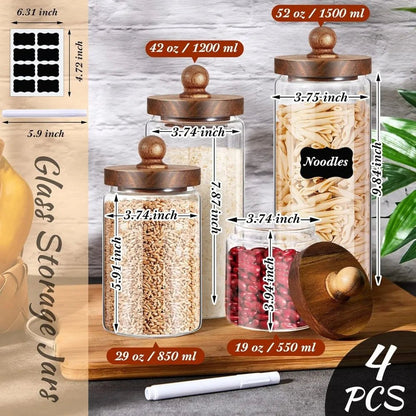 Glass Storage Jars Set of 4, Clear Food Storage Containers with Wooden Lids Airtight Kitchen Canisters with Sticker and Chalk f - Blu Lotus Boutique