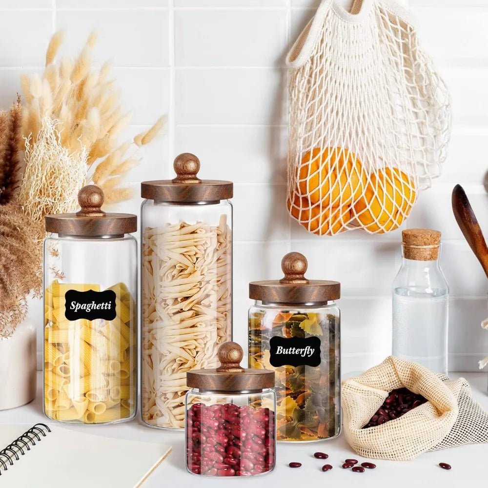 Glass Storage Jars Set of 4, Clear Food Storage Containers with Wooden Lids Airtight Kitchen Canisters with Sticker and Chalk f - Blu Lotus Boutique