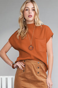 Gold Flame Patch Pocket Ribbed Knit Short Sleeve Sweater - Blu Lotus Boutique