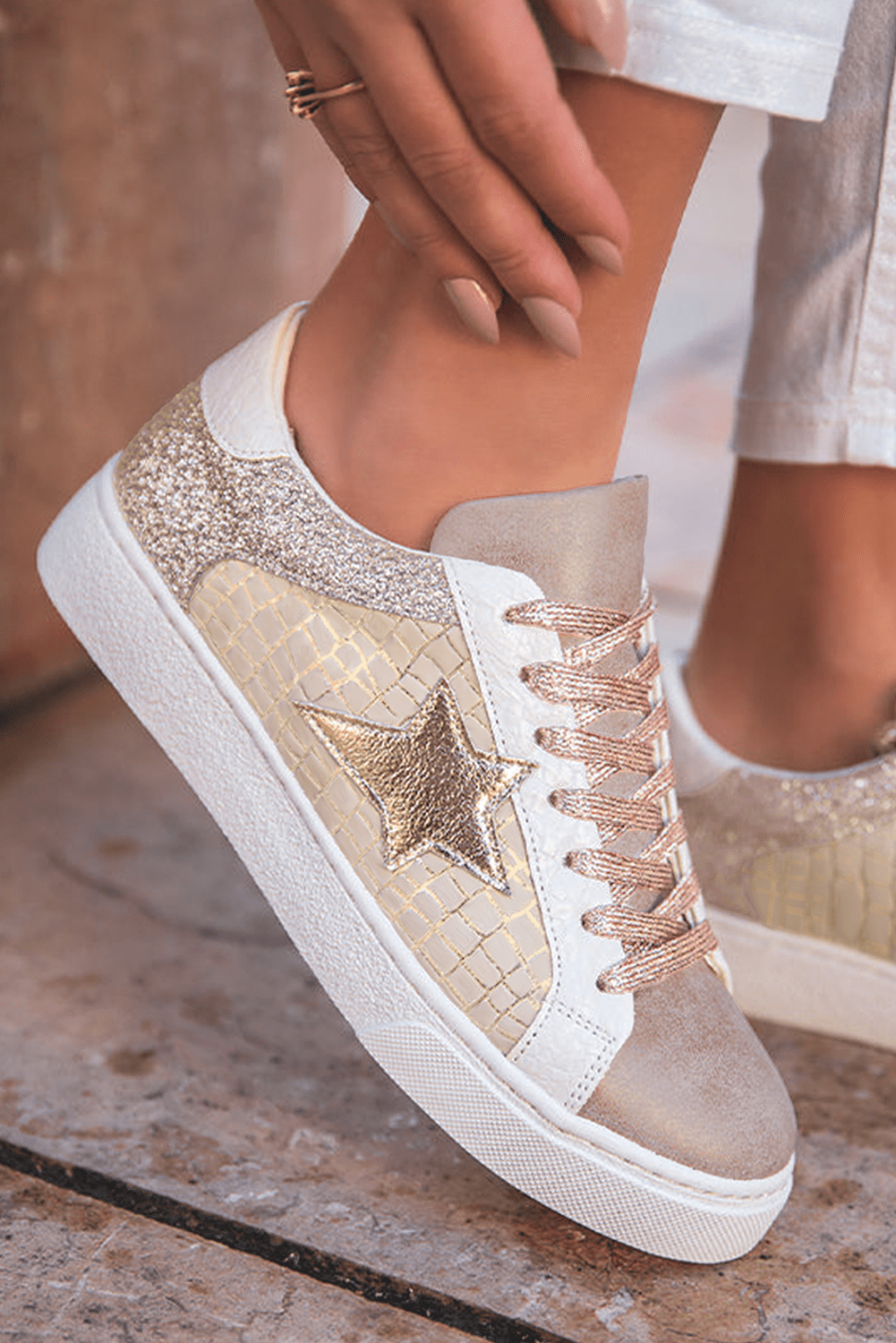 Gold Glitter Star Patchwork PU Leather Lace - up Sneakers - Blu Lotus Boutique