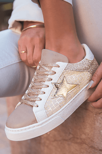 Gold Glitter Star Patchwork PU Leather Lace - up Sneakers - Blu Lotus Boutique