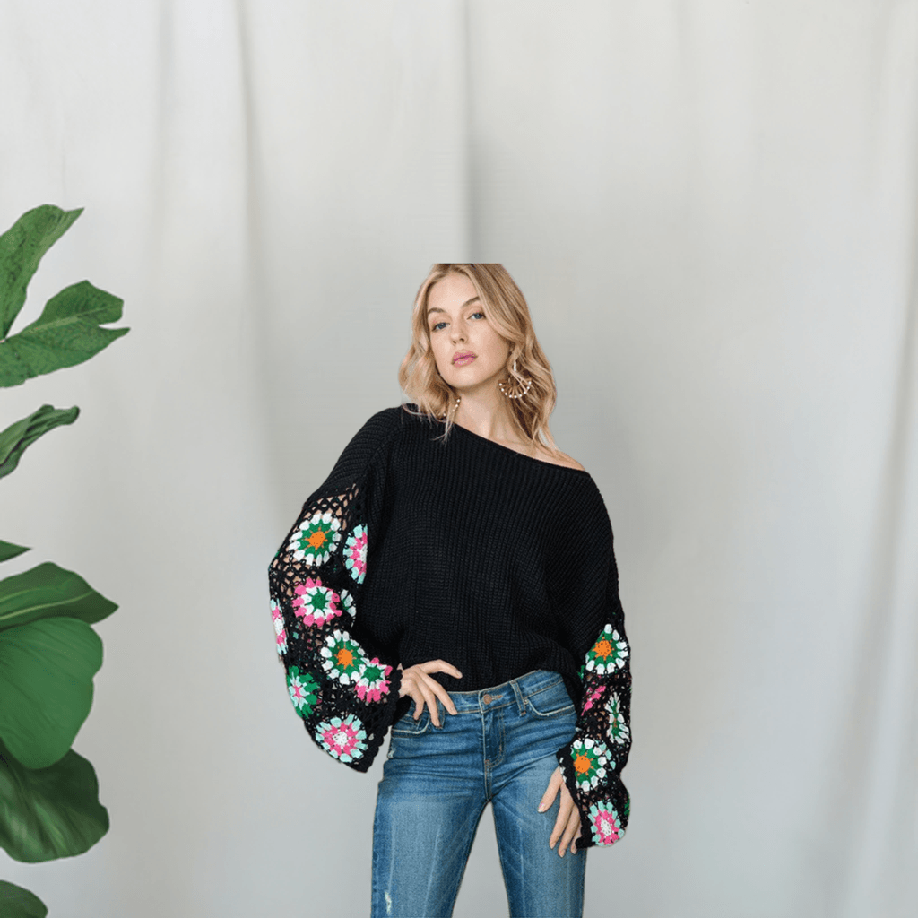 Black Floral Crochet Bell Sleeve Loose Sweater - Blu Lotus Boutique