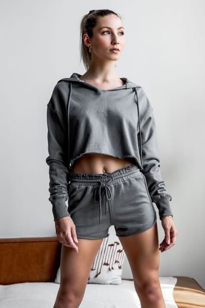 Grey Raw Edges Cropped Hoodie and Bottom Sets - Blu Lotus Boutique