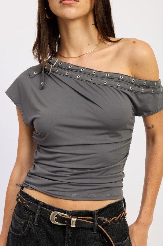 GROMMET BELTED ASYMMETRICAL TOP - Blu Lotus Boutique