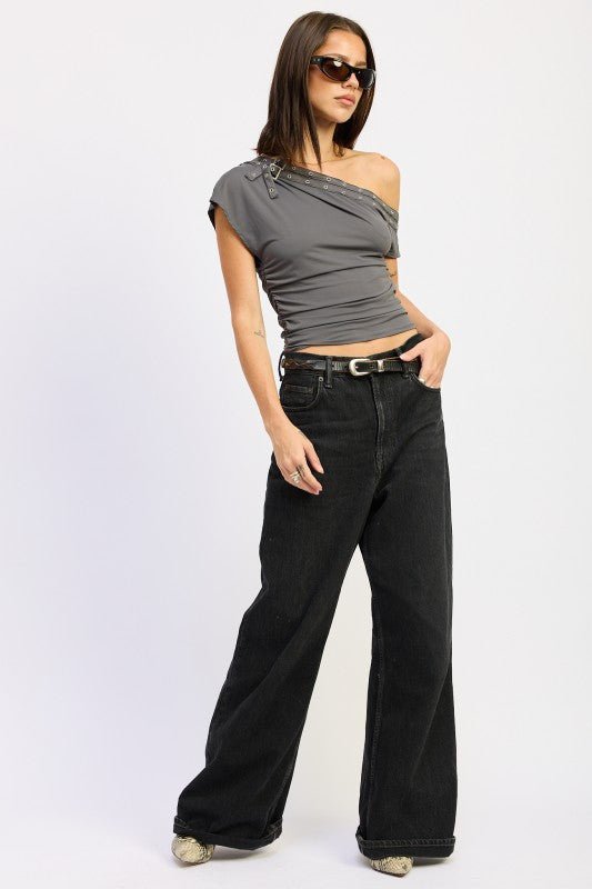 GROMMET BELTED ASYMMETRICAL TOP - Blu Lotus Boutique