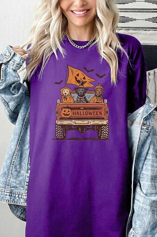 Halloween Truck Dogs Graphic Heavy Cotton Tee - Blu Lotus Boutique