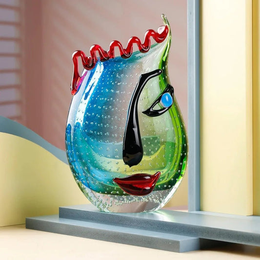 Handcrafted Multicolor Murano - Style Face Art Glass Vase - Blu Lotus Boutique