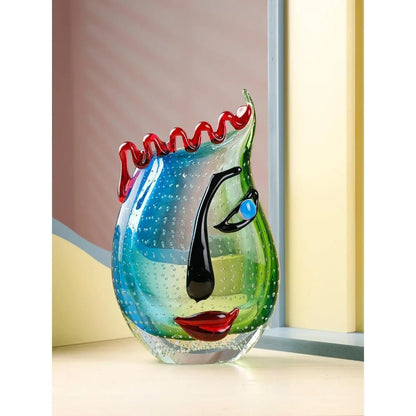 Handcrafted Multicolor Murano - Style Face Art Glass Vase - Blu Lotus Boutique