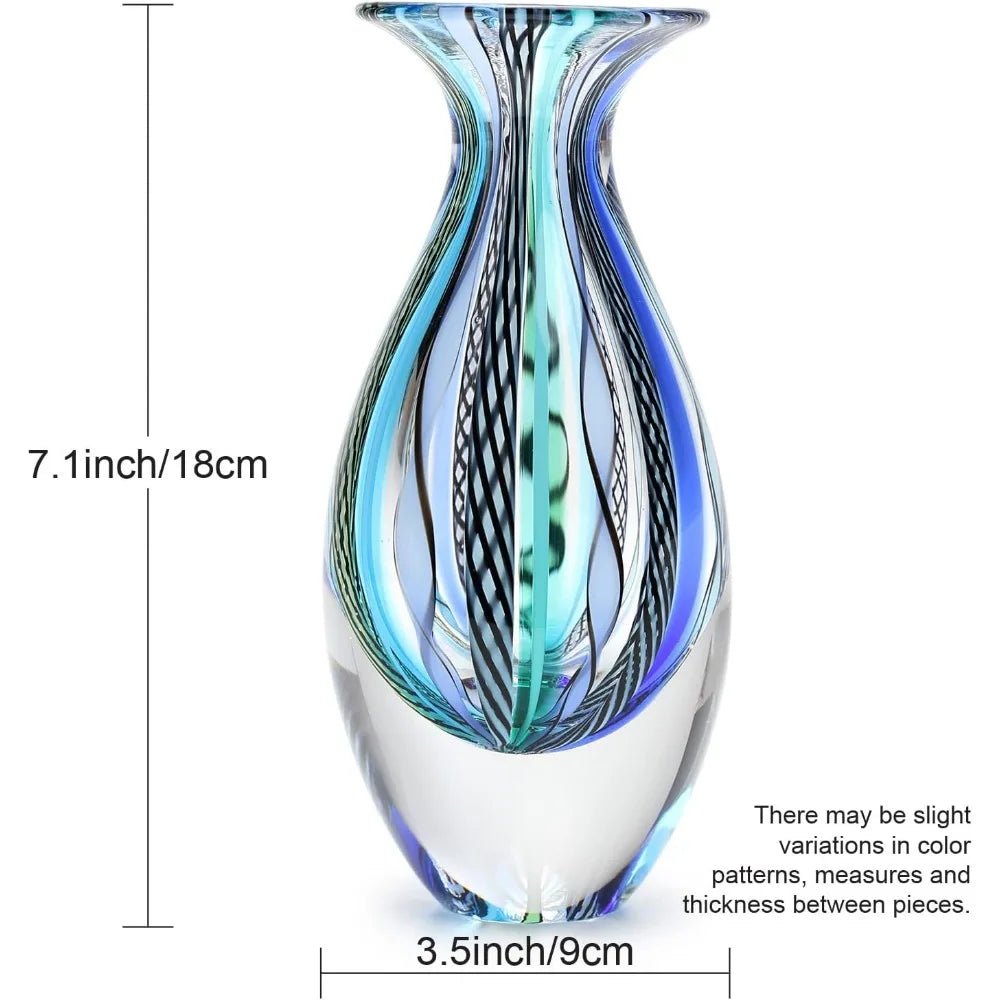 Handcrafted Murano - Style Art Glass Vase, Small Boho Blue/Green Canes, Model 2 - Blu Lotus Boutique
