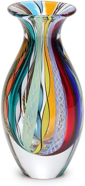 Handcrafted Murano - Style Art Glass Vase, Small Boho Blue/Green Canes, Model 2 - Blu Lotus Boutique