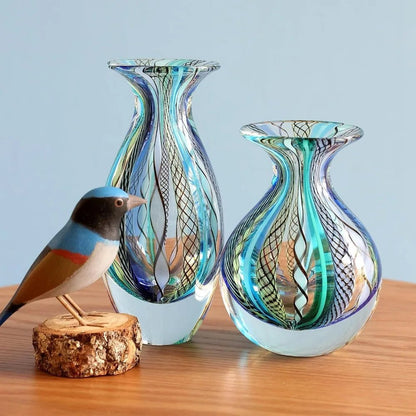 Handcrafted Murano - Style Art Glass Vase, Small Boho Blue/Green Canes, Model 2 - Blu Lotus Boutique