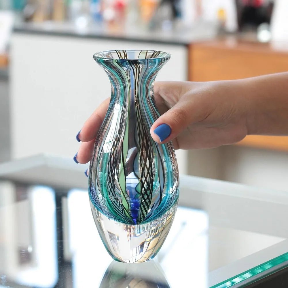 Handcrafted Murano - Style Art Glass Vase, Small Boho Blue/Green Canes, Model 2 - Blu Lotus Boutique