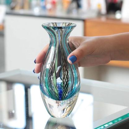 Handcrafted Murano - Style Art Glass Vase, Small Boho Blue/Green Canes, Model 2 - Blu Lotus Boutique