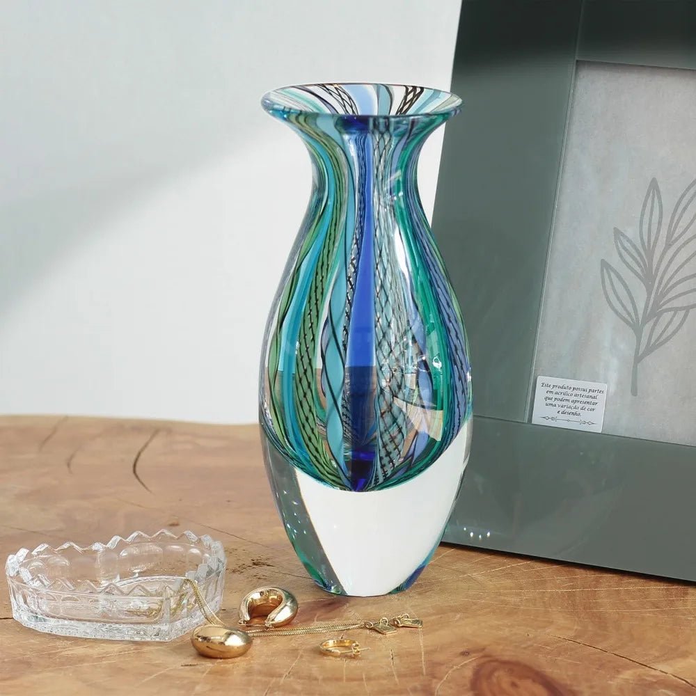 Handcrafted Murano - Style Art Glass Vase, Small Boho Blue/Green Canes, Model 2 - Blu Lotus Boutique