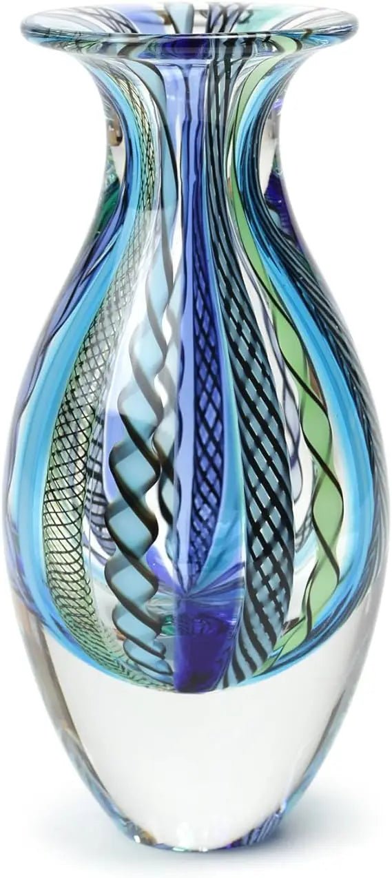 Handcrafted Murano - Style Art Glass Vase, Small Boho Blue/Green Canes, Model 2 - Blu Lotus Boutique