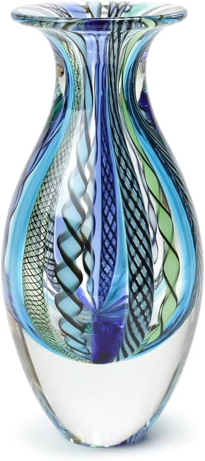 Handcrafted Murano - Style Art Glass Vase, Small Boho Blue/Green Canes, Model 2 - Blu Lotus Boutique