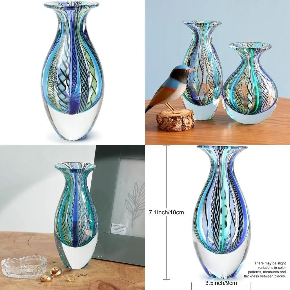 Handcrafted Murano - Style Art Glass Vase, Small Boho Blue/Green Canes, Model 2 - Blu Lotus Boutique