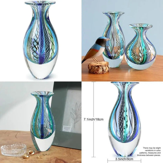 Handcrafted Murano - Style Art Glass Vase, Small Boho Blue/Green Canes, Model 2 - Blu Lotus Boutique
