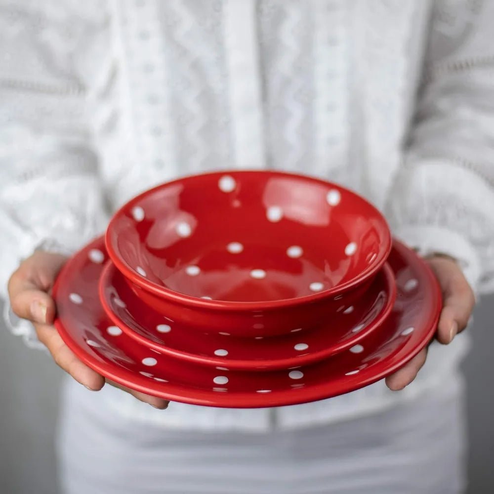 Handmade Red and White Polka Dot Ceramic 12 piece Dinnerware Set | Pottery Tableware Service for 4 | Dinner Plates | Side Plates - Blu Lotus Boutique
