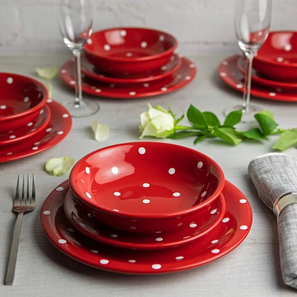 Handmade Red and White Polka Dot Ceramic 12 piece Dinnerware Set | Pottery Tableware Service for 4 | Dinner Plates | Side Plates - Blu Lotus Boutique