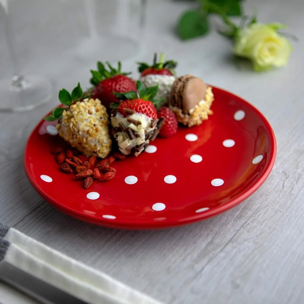 Handmade Red and White Polka Dot Ceramic 12 piece Dinnerware Set | Pottery Tableware Service for 4 | Dinner Plates | Side Plates - Blu Lotus Boutique