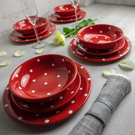 Handmade Red and White Polka Dot Ceramic 12 piece Dinnerware Set | Pottery Tableware Service for 4 | Dinner Plates | Side Plates - Blu Lotus Boutique