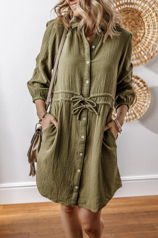 Harmony Textured Button Up Dual Tied Dress - Blu Lotus Boutique