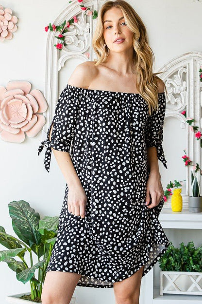 Heimish Full Size Short Sleeve Off Shoulder Animal Mini Dress Plus Size - Blu Lotus Boutique