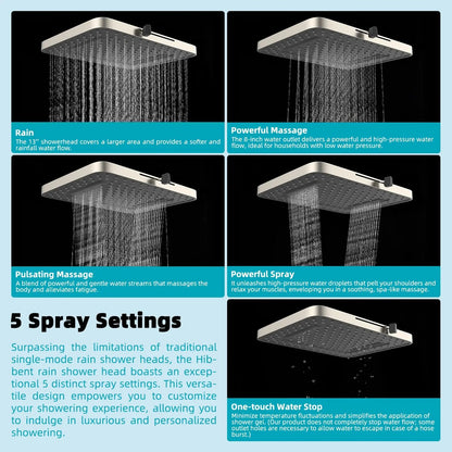 Hibbent 5 Spray Modes Shower Head, 13'' High Pressure Rain Shower Head, Large Rainfall Showerhead, High Flow Waterfall - Blu Lotus Boutique