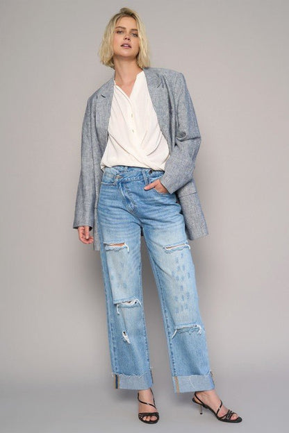 High Waist Crossover Ripped Straight Jeans - Blu Lotus Boutique