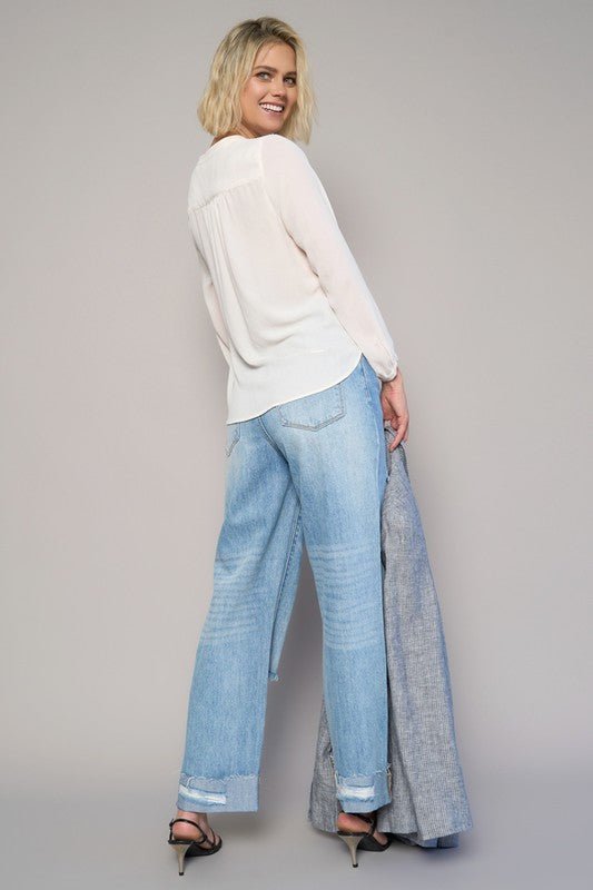 High Waist Crossover Ripped Straight Jeans - Blu Lotus Boutique