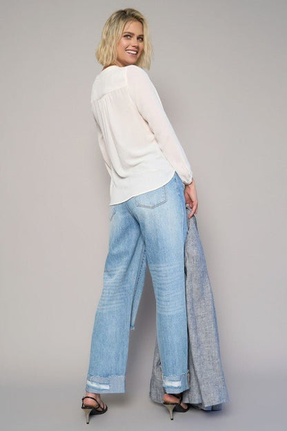 High Waist Crossover Ripped Straight Jeans - Blu Lotus Boutique
