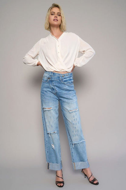 High Waist Crossover Ripped Straight Jeans - Blu Lotus Boutique