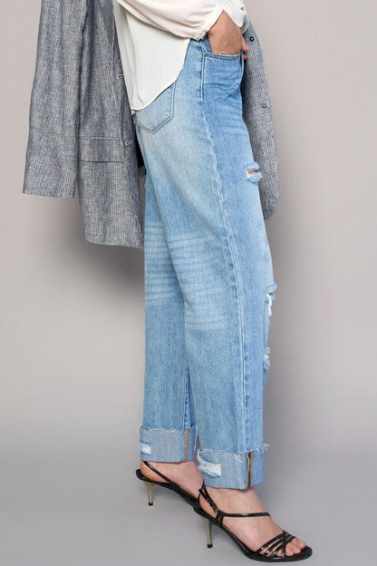 High Waist Crossover Ripped Straight Jeans - Blu Lotus Boutique