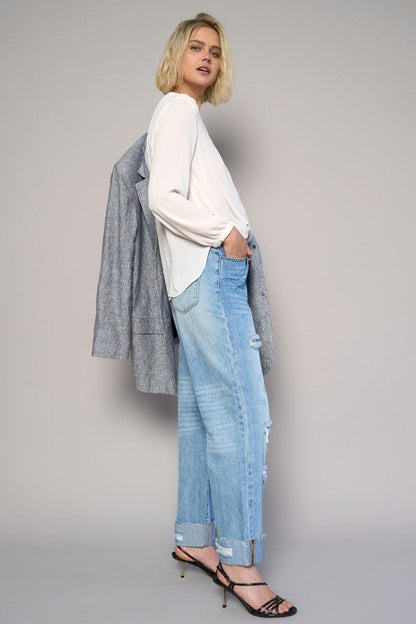 High Waist Crossover Ripped Straight Jeans - Blu Lotus Boutique