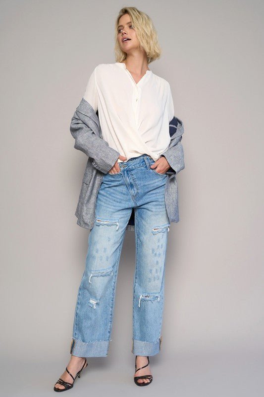 High Waist Crossover Ripped Straight Jeans - Blu Lotus Boutique