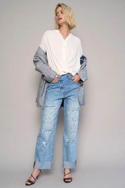 High Waist Crossover Ripped Straight Jeans - Blu Lotus Boutique