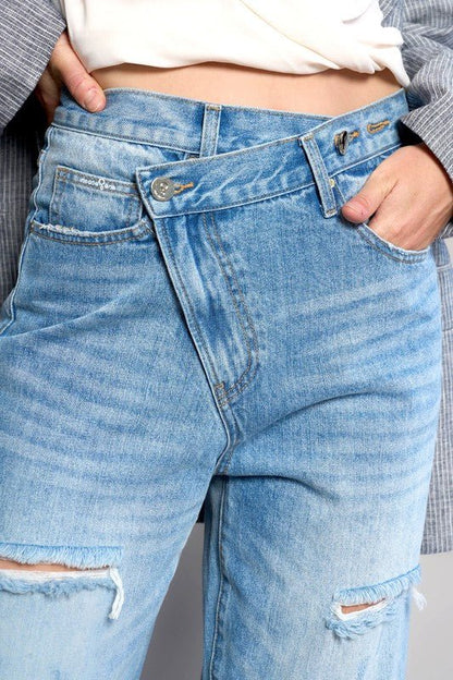 High Waist Crossover Ripped Straight Jeans - Blu Lotus Boutique