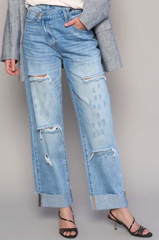 High Waist Crossover Ripped Straight Jeans - Blu Lotus Boutique