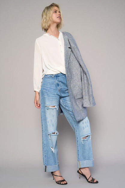 High Waist Crossover Ripped Straight Jeans - Blu Lotus Boutique