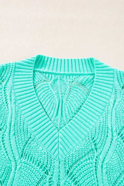 Hollow - Out Knit V - Neck Drop Shoulder Sweater - Blu Lotus Boutique
