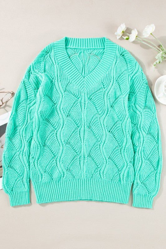 Hollow - Out Knit V - Neck Drop Shoulder Sweater - Blu Lotus Boutique