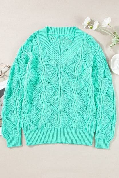Hollow - Out Knit V - Neck Drop Shoulder Sweater - Blu Lotus Boutique