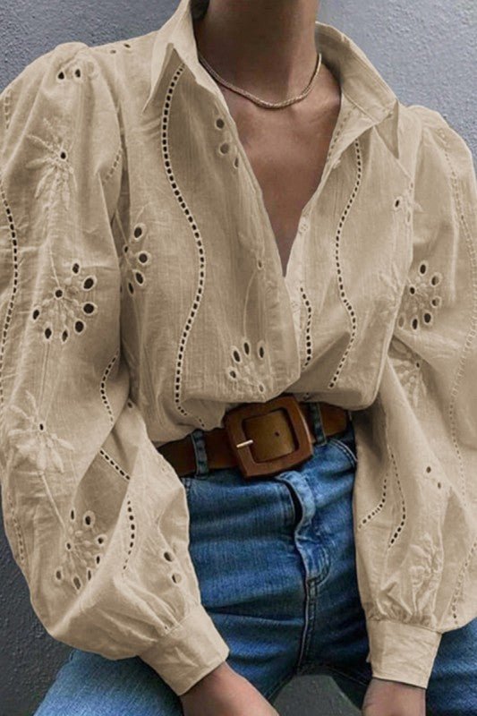 Hollow Out Solid Button Puff Sleeves Blouse - Blu Lotus Boutique