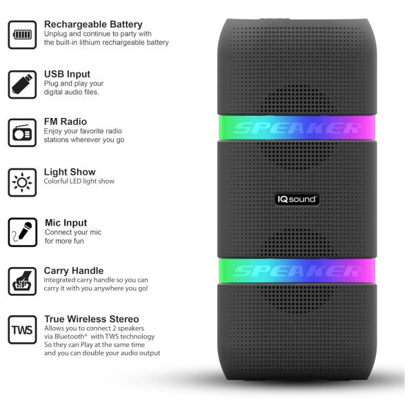 IQ Sound 2x4 - In Portable Bluetooth TWS LED Speaker - Blu Lotus Boutique