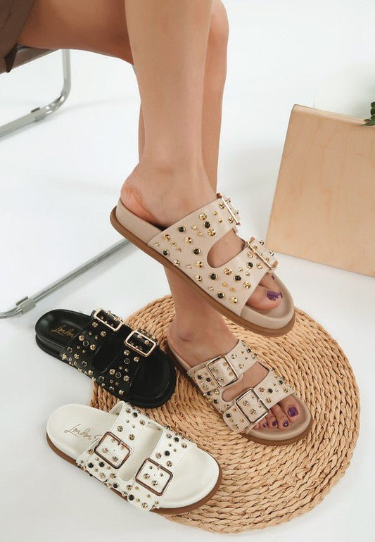 Jayata Metallic Stud Embellished Sliders - Blu Lotus Boutique