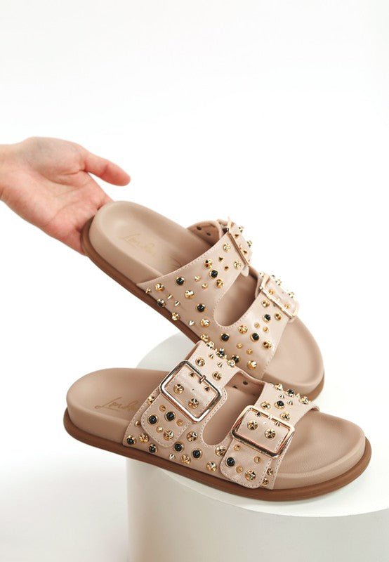 Jayata Metallic Stud Embellished Sliders - Blu Lotus Boutique