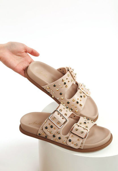 Jayata Metallic Stud Embellished Sliders - Blu Lotus Boutique